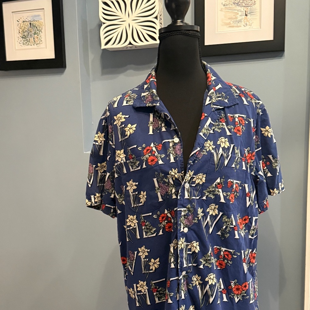 J CREW Mens SM Hawaiian Shirt Blue Floral Short Sleeve Cotton Linen HEAT WAVE